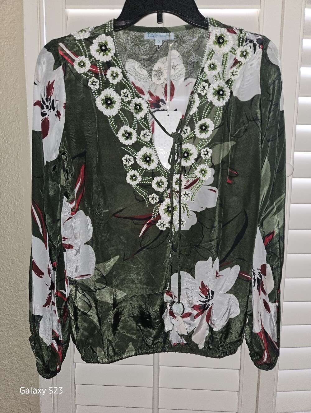 Taj Olive Floral Tie-Front Blouse with Beaded V-Neck
